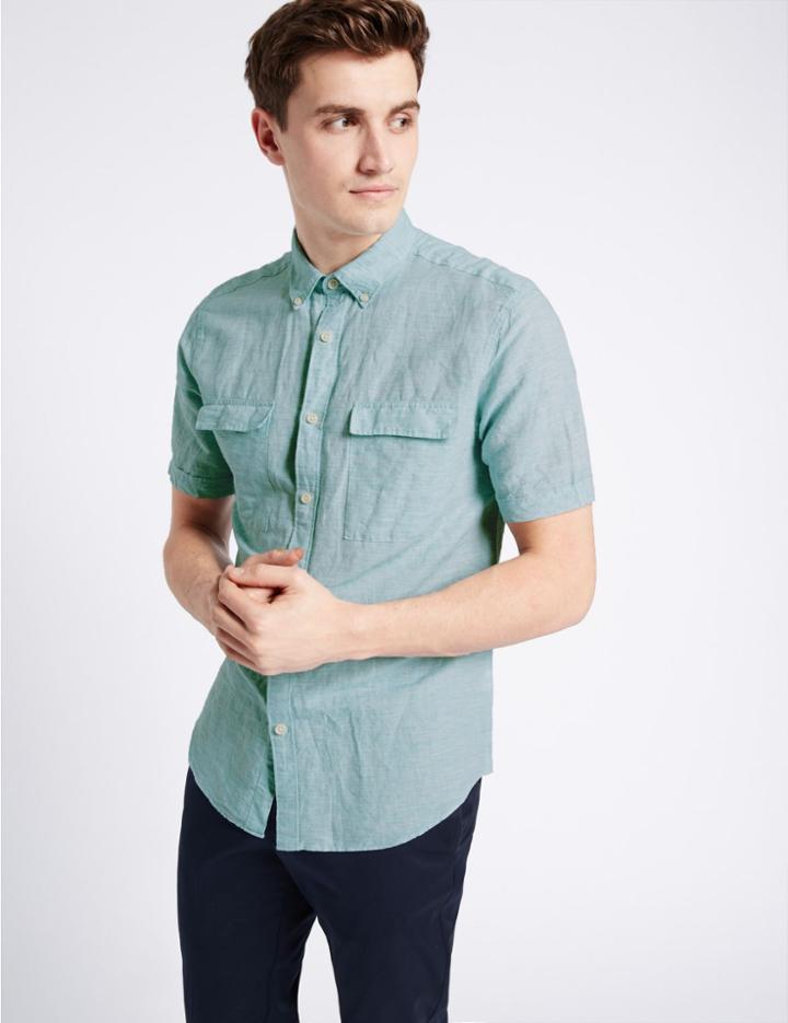 Marks & Spencer Linen Rich Slim Fit Shirt With Pockets Mint