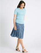 Marks & Spencer Cotton Blend Floral Print A-line Midi Skirt Navy Mix