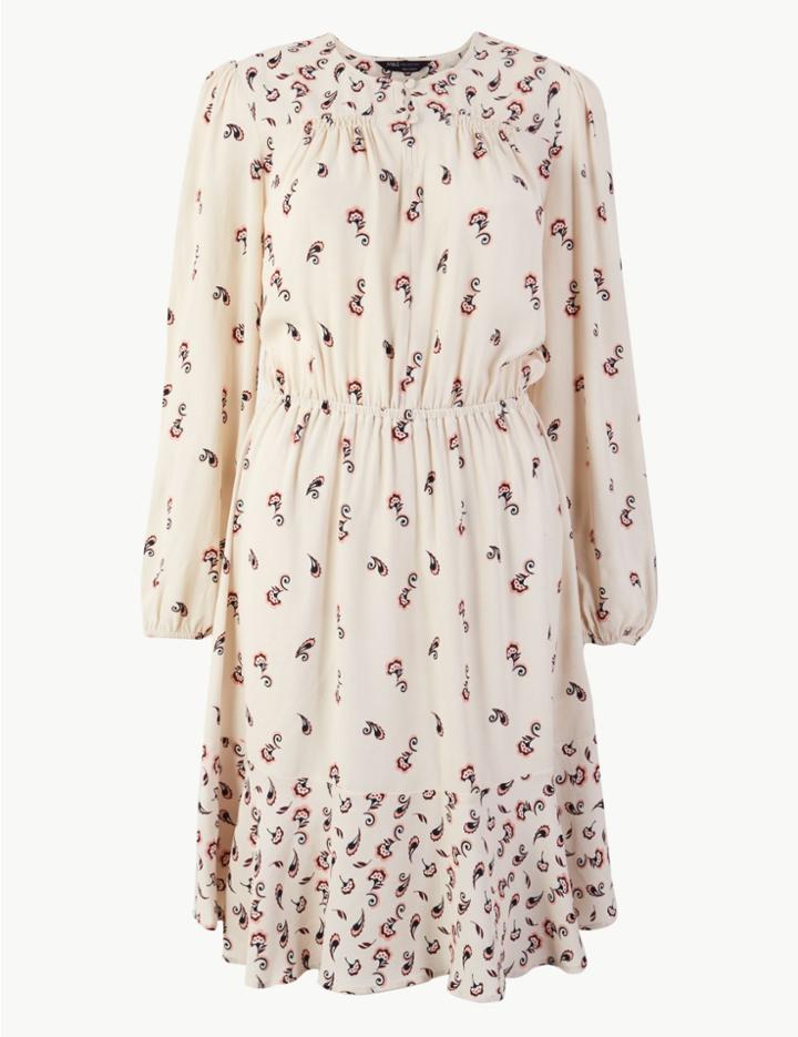 Marks & Spencer Printed Knee-length Waisted Dress Ivory Mix