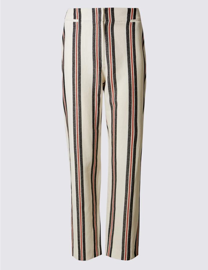 Marks & Spencer Cotton Rich Striped Straight Leg Trousers Cream Mix