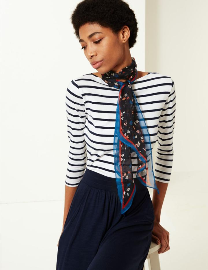 Marks & Spencer Pure Silk Floral Print Scarf Navy Mix