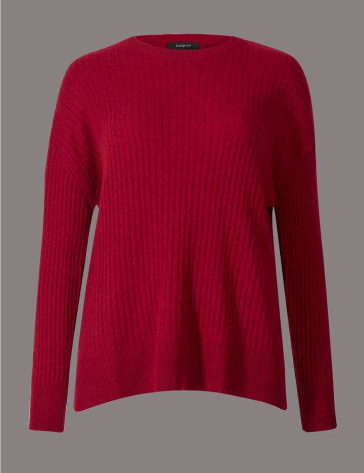 Marks & Spencer Pure Cashmere Ribbed Round Neck Jumper Dark Red
