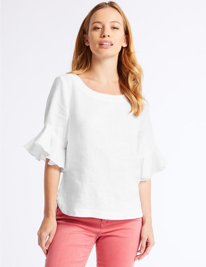 Marks & Spencer Petite Pure Linen Ruffle Sleeve Blouse Chambray