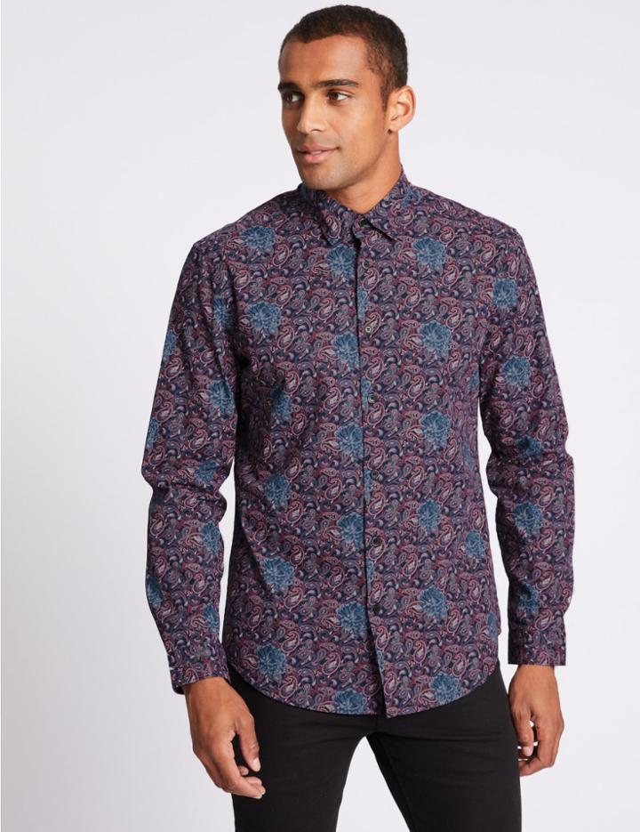 Marks & Spencer Pure Cotton Slim Fit Printed Shirt Dark Wine