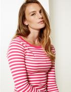Marks & Spencer Pure Cotton Striped Long Sleeve T-shirt Pink Mix