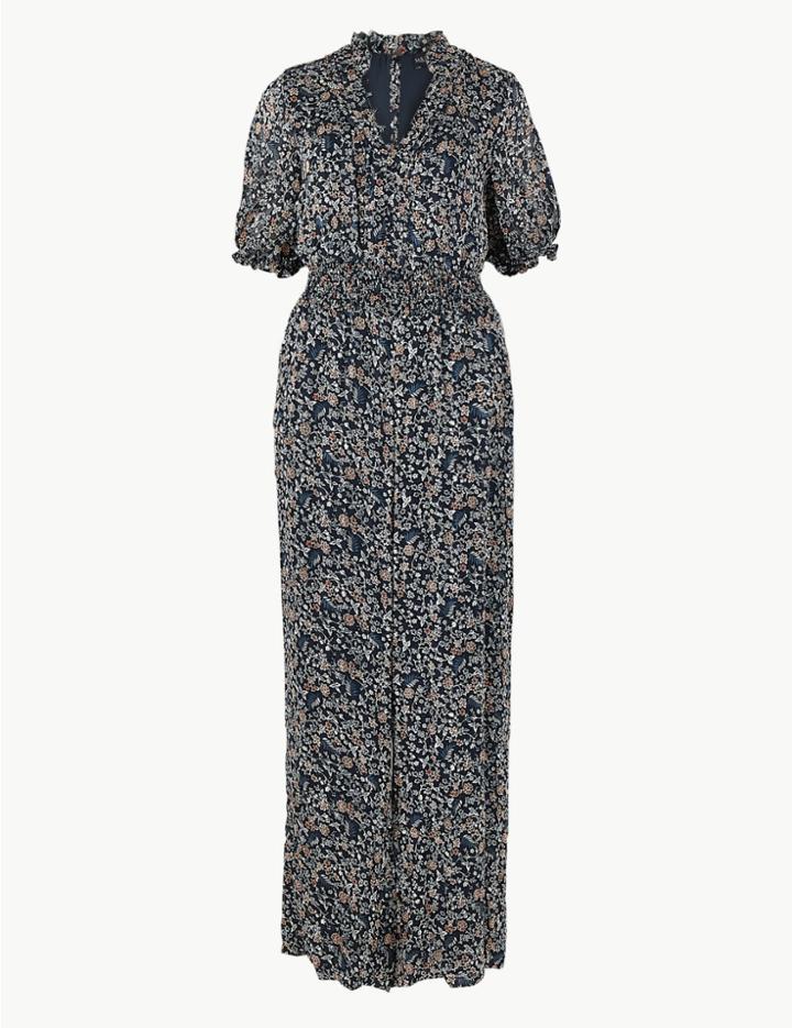 Marks & Spencer Floral Shirred Waist Jumpsuit Navy Mix