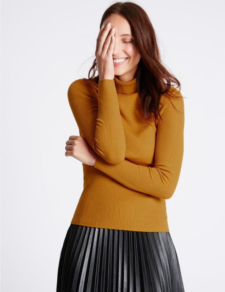 Marks & Spencer Ribbed Polo Neck Jumper Dark Gold