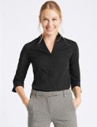 Marks & Spencer Cotton Rich &frac34; Sleeve Shirt With Stretch Black