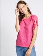 Marks & Spencer Pure Cotton Broderie Tie Sleeve T-shirt Bright Pink