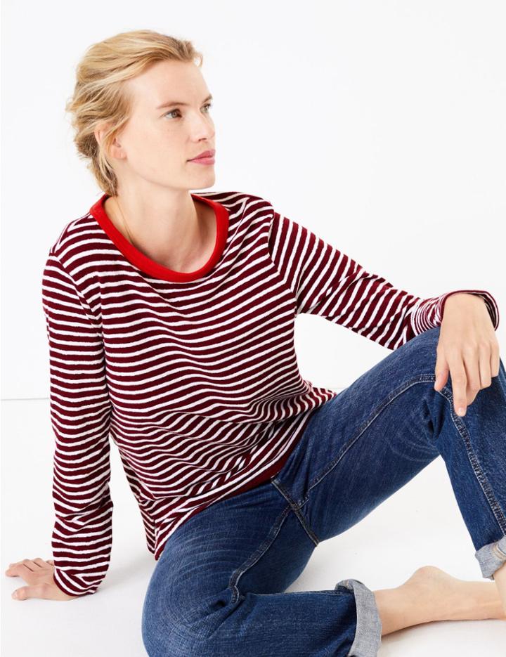 Marks & Spencer Pure Cotton Straight Fit Long Sleeve Top Claret
