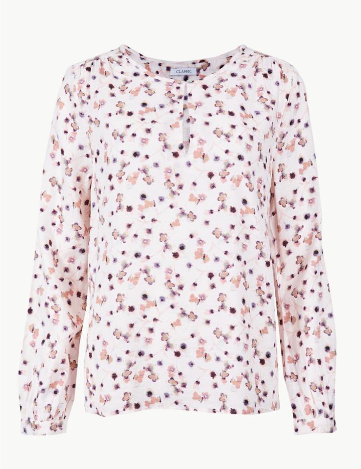 Marks & Spencer Cotton Rich Floral Print Round Neck Blouse Ivory Mix