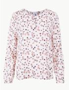 Marks & Spencer Cotton Rich Floral Print Round Neck Blouse Ivory Mix