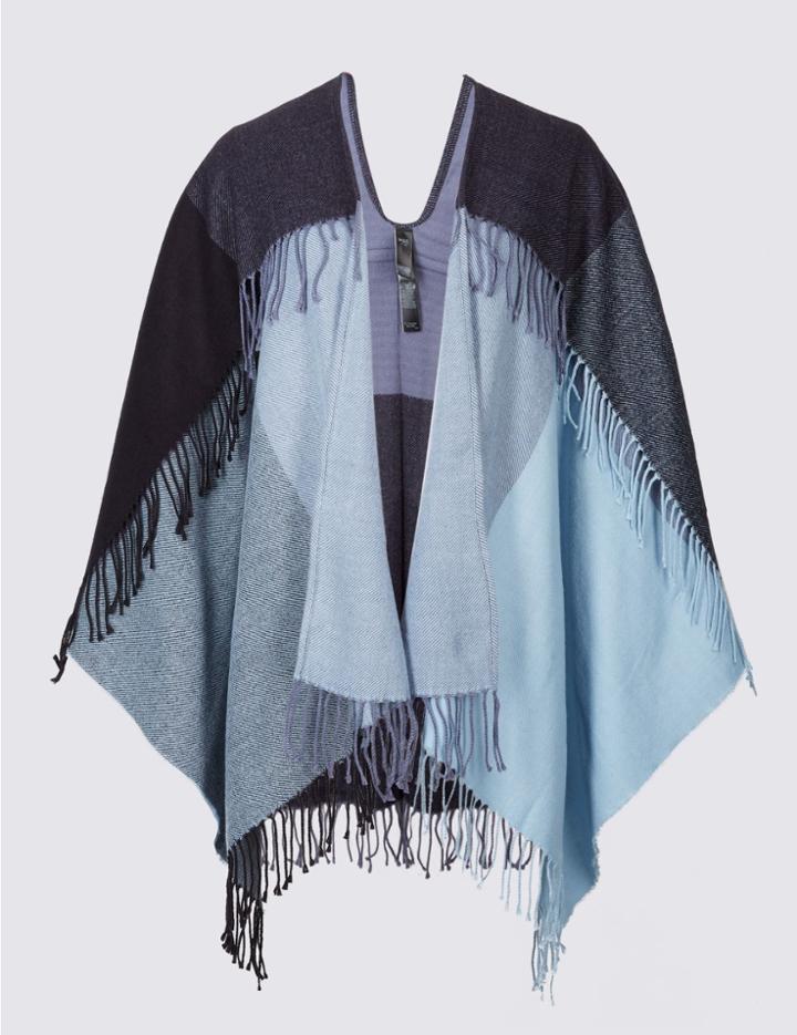 Marks & Spencer Double Fringe Checked Wrap Blue Mix