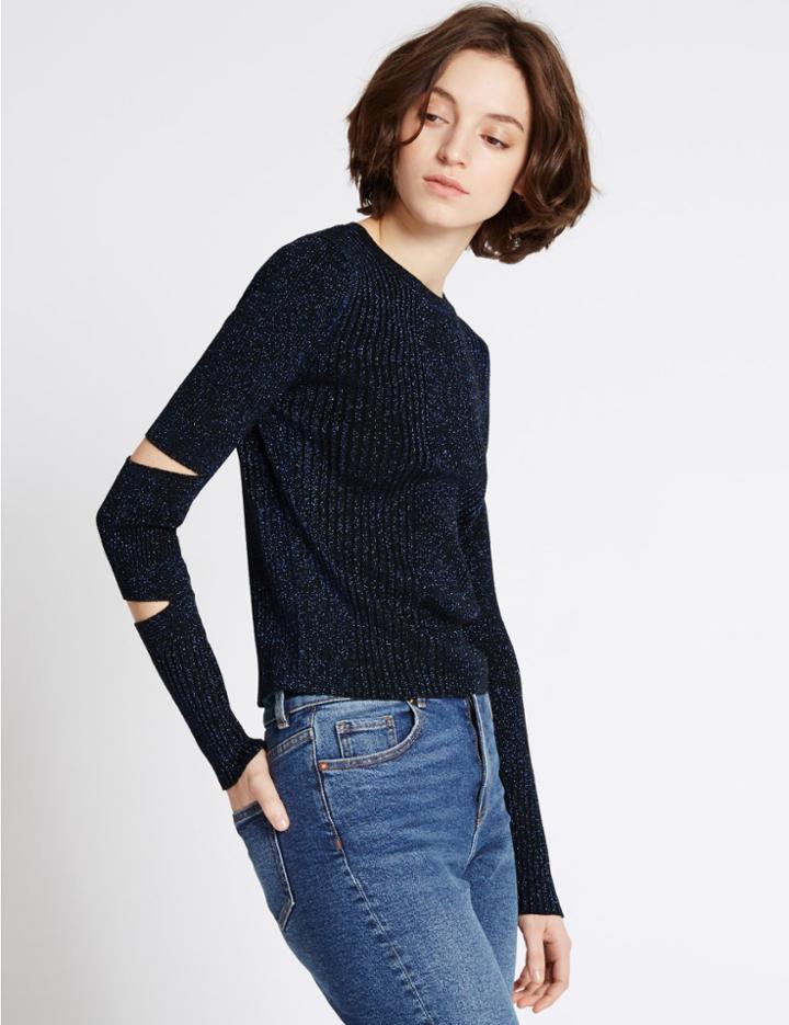 Marks & Spencer Textured Metallic Cut Out Sleeve Jumper Blue Mix