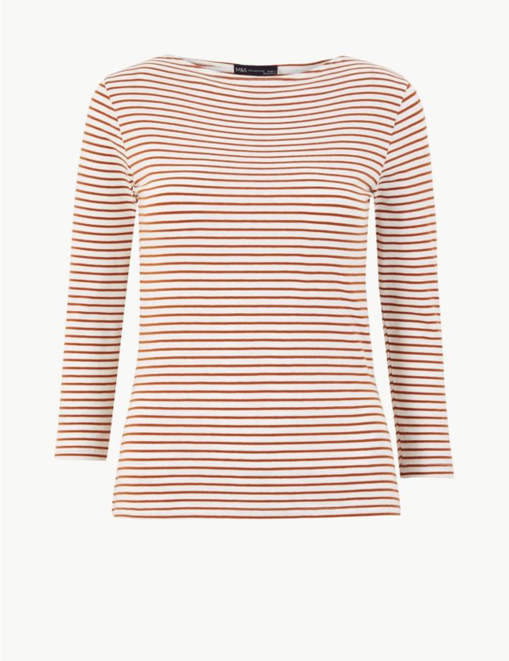 Marks & Spencer Cotton Rich Striped Fitted T-shirt Copper
