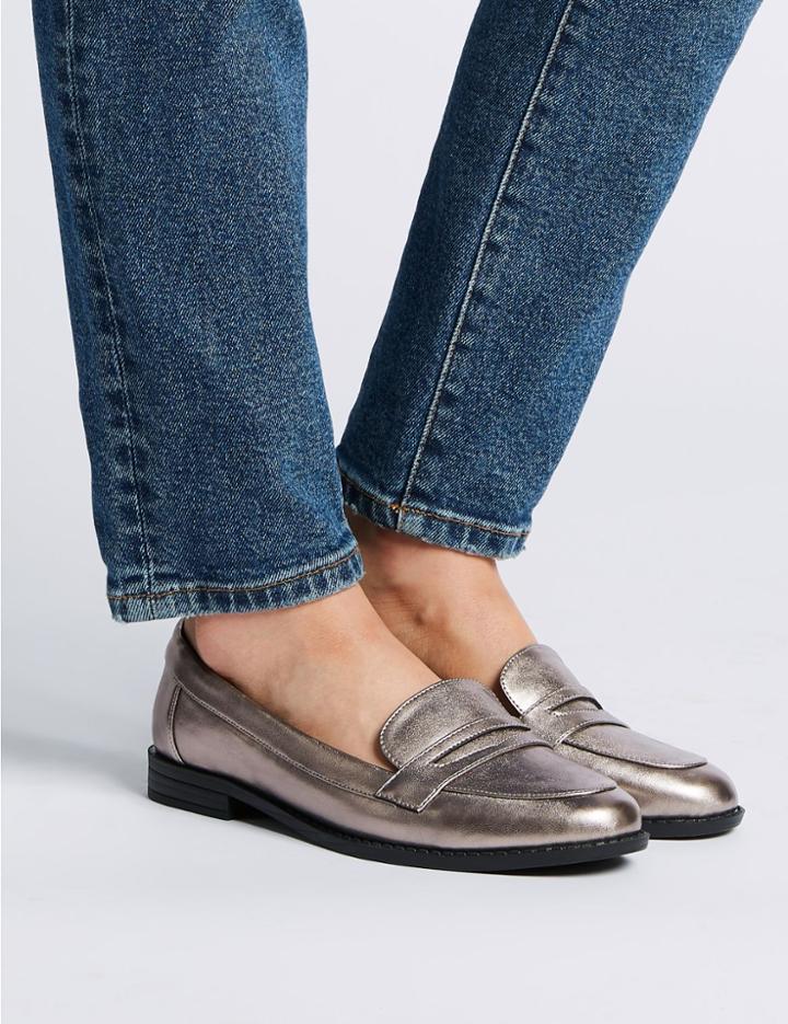 Marks & Spencer Extra Wide Fit Block Heel Penny Loafers Pewter