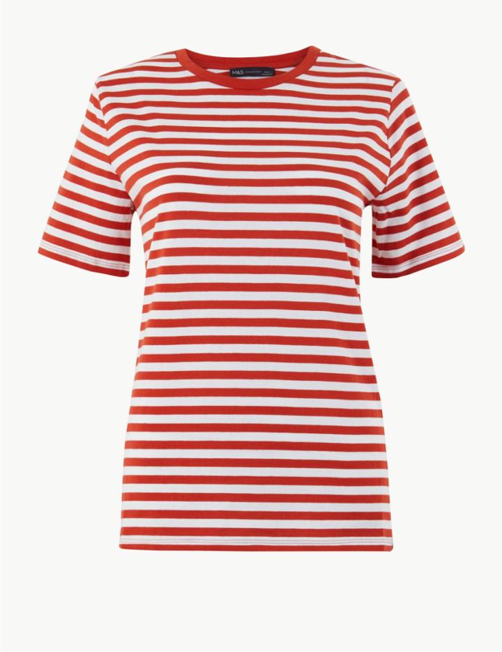 Marks & Spencer Pure Cotton Striped Straight Fit T-shirt Burnt Orange