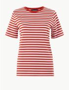 Marks & Spencer Pure Cotton Striped Straight Fit T-shirt Burnt Orange