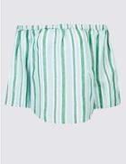 Marks & Spencer Linen Rich Striped 3/4 Sleeve Bardot Top Green Mix