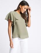 Marks & Spencer Textured Flamenco Sleeve Round Neck Blouse Sage