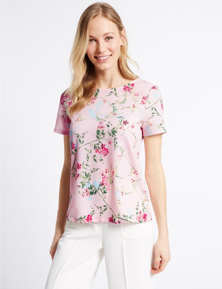 Marks & Spencer Floral Print Short Sleeve Jersey Top Light Pink Mix