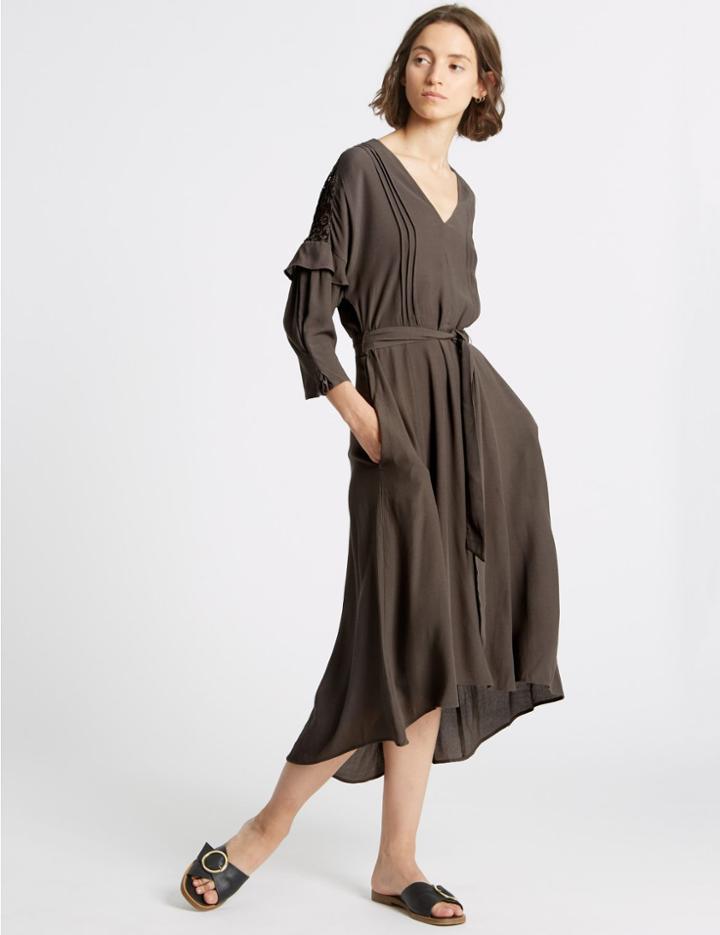 Marks & Spencer Lace Insert 3/4 Sleeve Midi Dress Charcoal