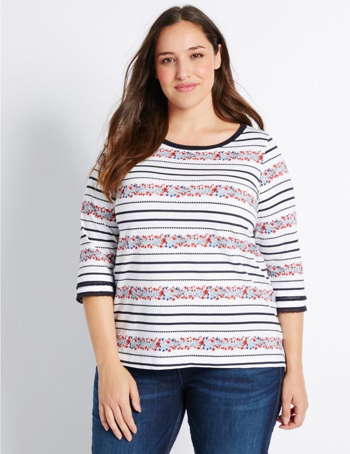 Marks & Spencer Plus Pure Cotton Floral Print T-shirt Ivory Mix