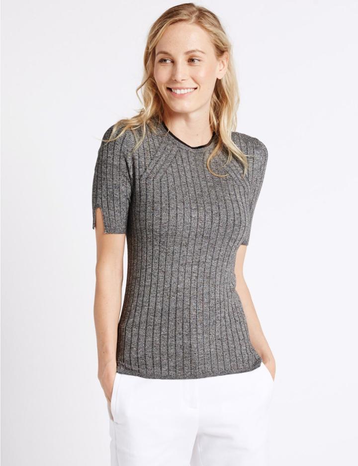 Marks & Spencer Ribbed Split Cuff Short Sleeve Jumper Grey Mix