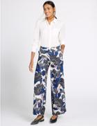 Marks & Spencer Satin Back Crepe Printed Wide Leg Trousers Blue Mix