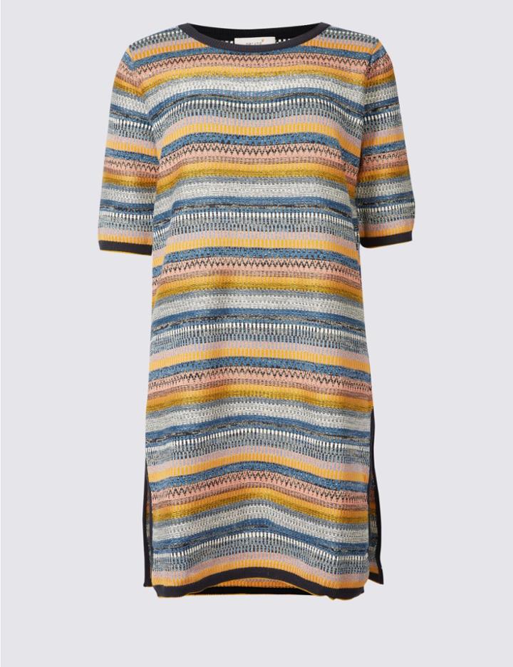 Marks & Spencer Cotton Blend Striped Tunic Jumper Navy Mix