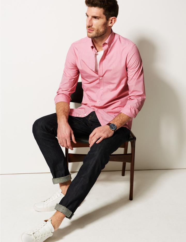 Marks & Spencer Cotton Blend Slim Fit Shirt Red
