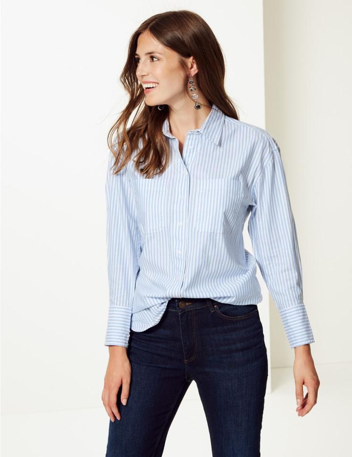 Marks & Spencer Pure Cotton Oversized Striped Shirt Light Blue Mix