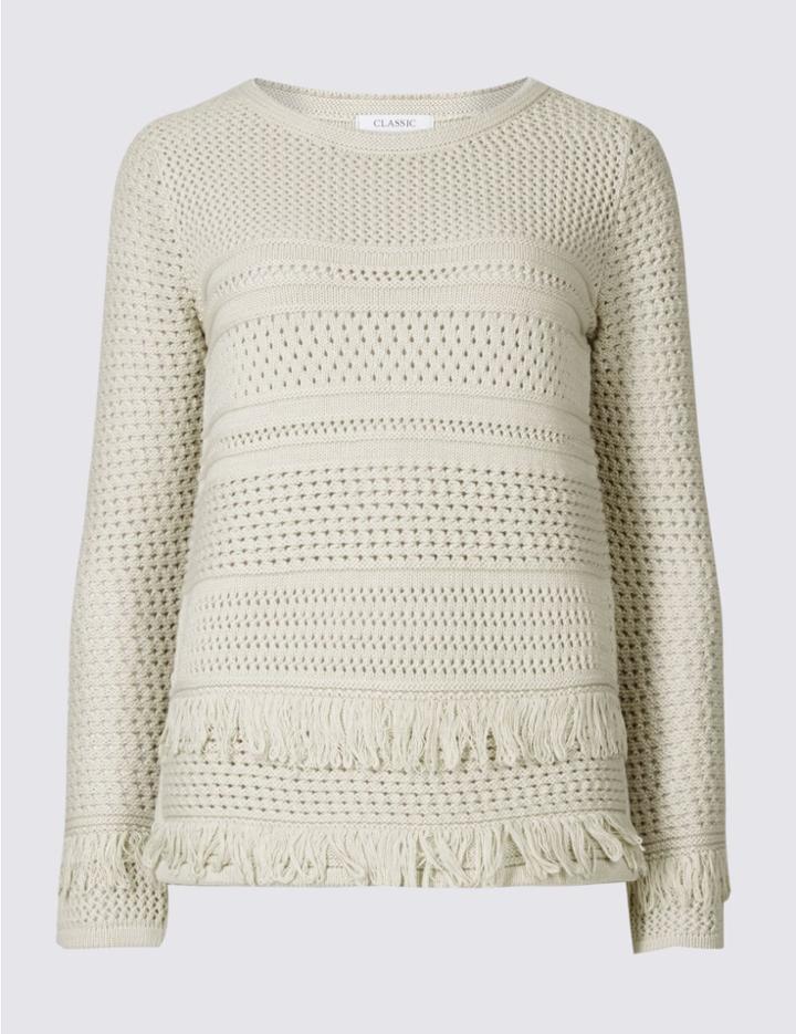 Marks & Spencer Pure Cotton Rustic Fringe Round Neck Jumper Stone