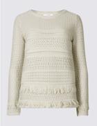 Marks & Spencer Pure Cotton Rustic Fringe Round Neck Jumper Stone