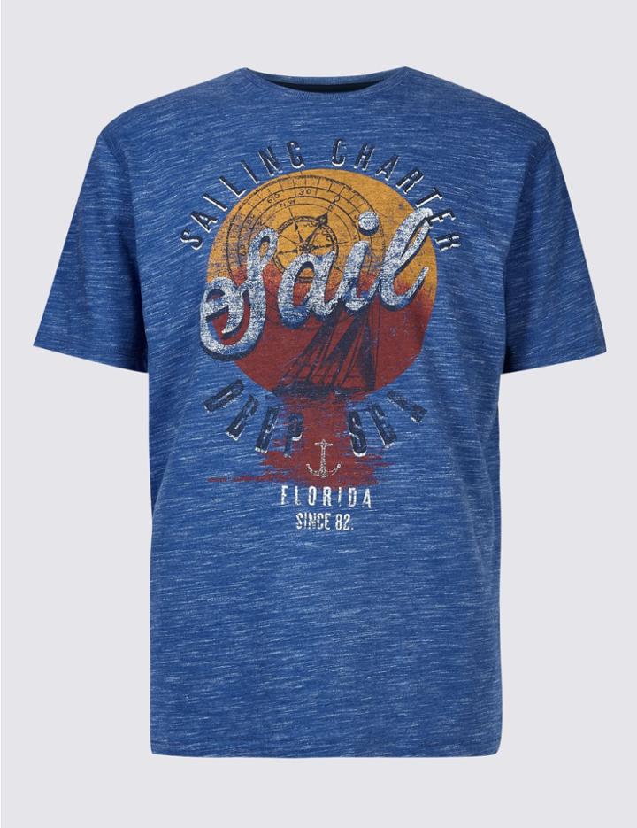 Marks & Spencer Cotton Blend Printed Crew Neck T-shirt Blue
