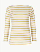 Marks & Spencer Cotton Rich Striped 3/4 Sleeve T-shirt Yellow Mix