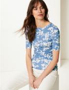 Marks & Spencer Pure Cotton Floral Regular Fit T-shirt Blue Mix