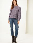 Marks & Spencer Floral Print Round Neck Long Sleeve Blouse Purple