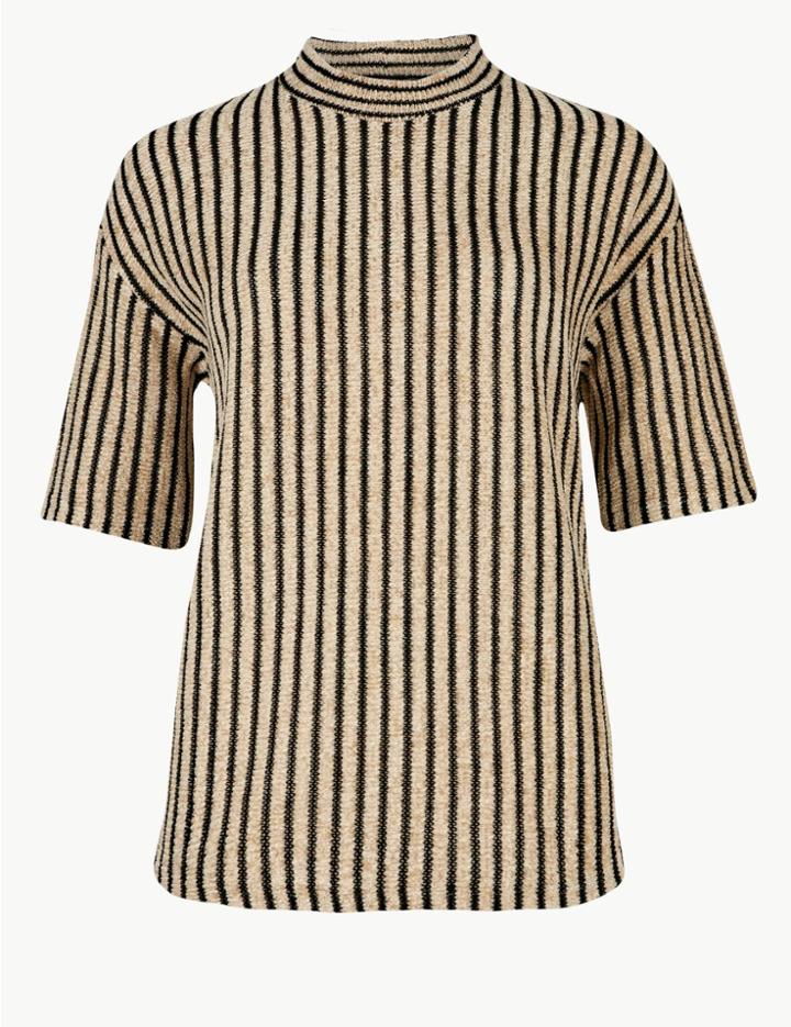 Marks & Spencer High Neck Short Sleeve T-shirt Cream Mix