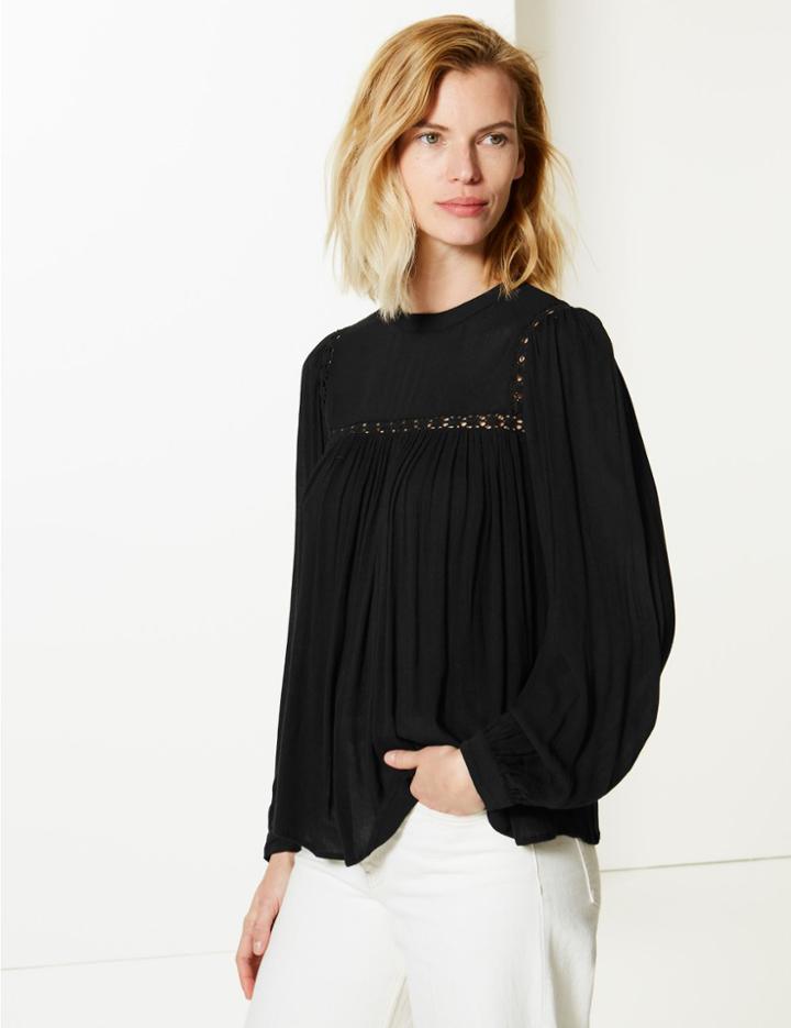 Marks & Spencer Lace Insert High Neck Long Sleeve Blouse Black