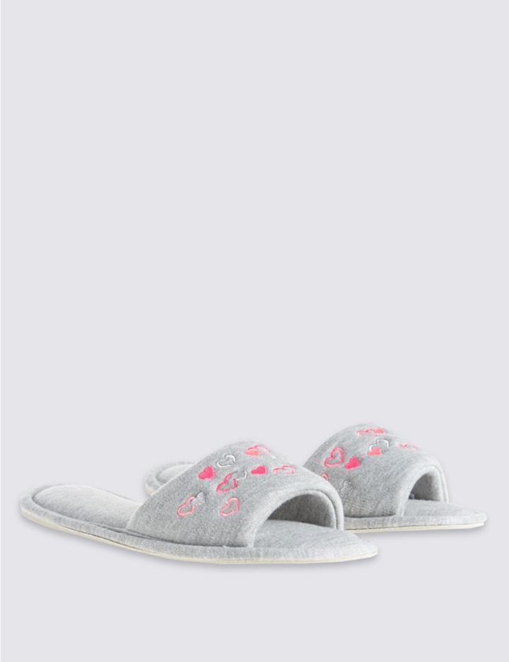 Marks & Spencer Heart Embroidered Open Toe Mule Slippers Grey Marl