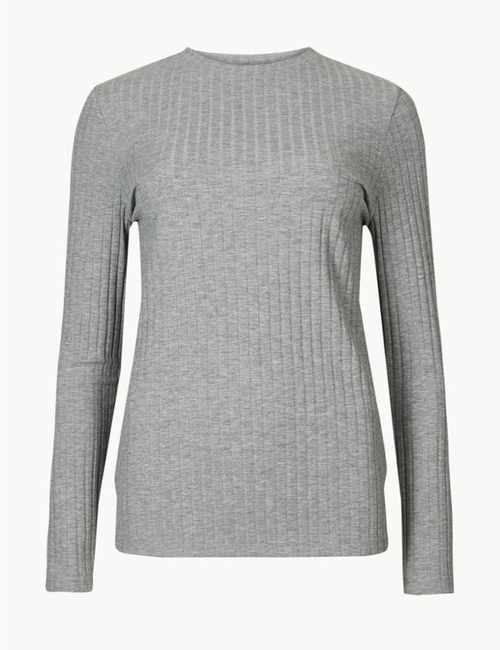 Marks & Spencer Textured Long Sleeve T-shirt Grey Marl