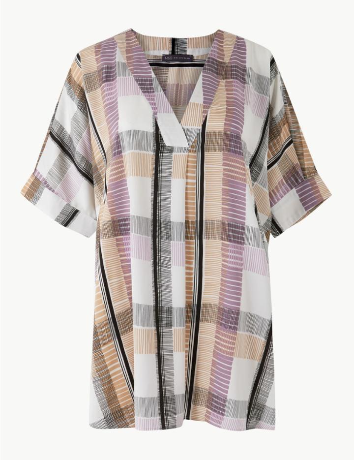 Marks & Spencer Curve Checked Longline Short Sleeve Tunic Ivory Mix