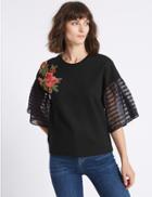 Marks & Spencer Embroidered Applique Half Sleeve T-shirt Black