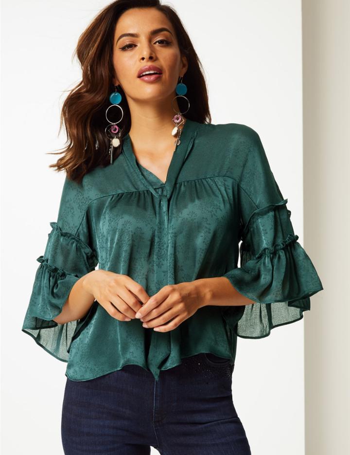 Marks & Spencer Jacquard V-neck 3/4 Sleeve Blouse Green