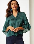 Marks & Spencer Jacquard V-neck 3/4 Sleeve Blouse Green