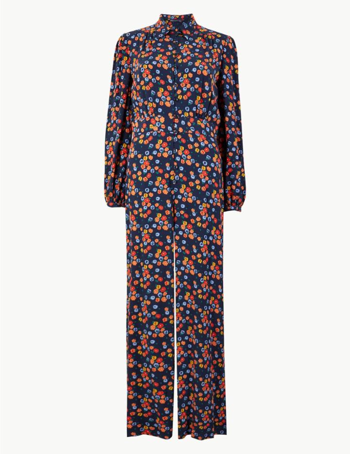 Marks & Spencer Floral Print Button Detailed Jumpsuit Navy Mix