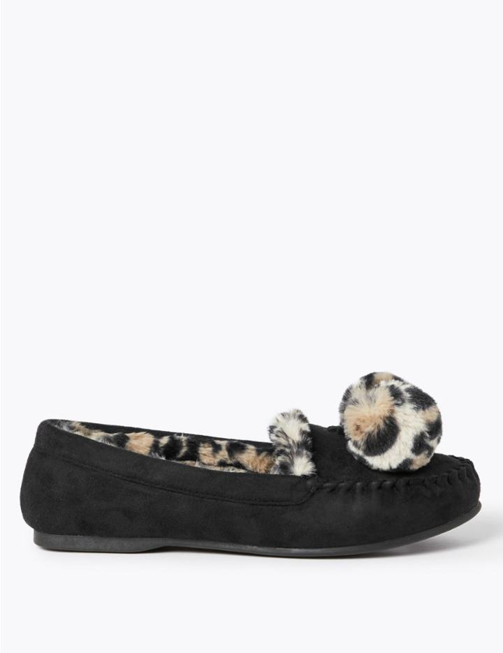Marks & Spencer Pom Pom Moccasin Slippers Black Mix