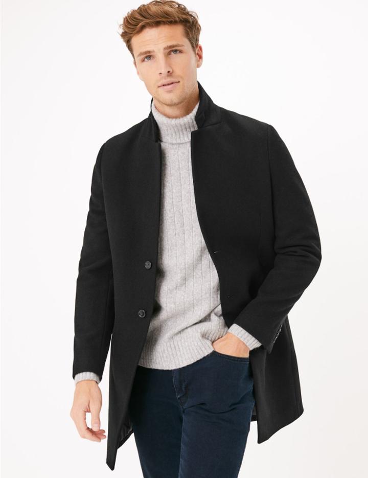Marks & Spencer Wool Notched Collar Overcoat Black