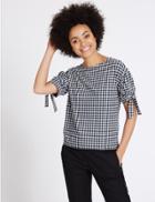 Marks & Spencer Gingham Round Neck Tie Sleeve T-shirt Navy Mix